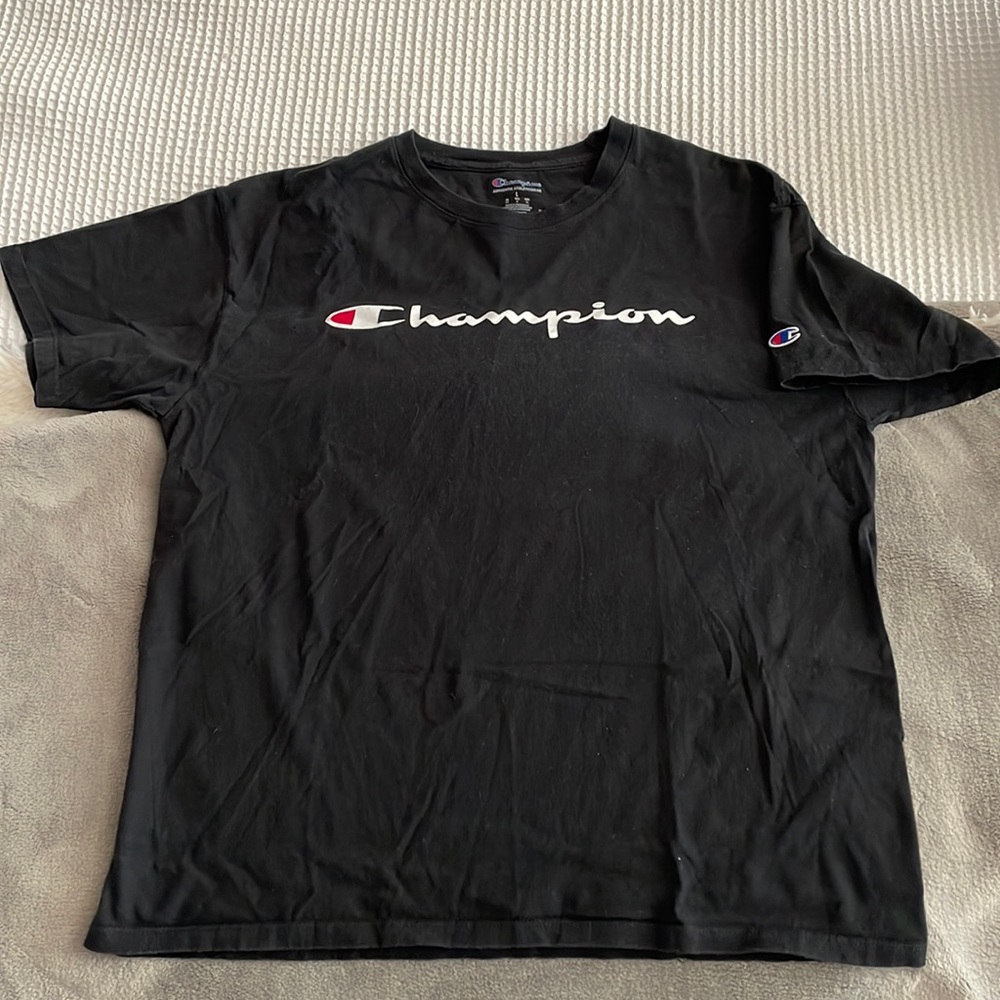 Size large black/ white logo Champion tee shirt